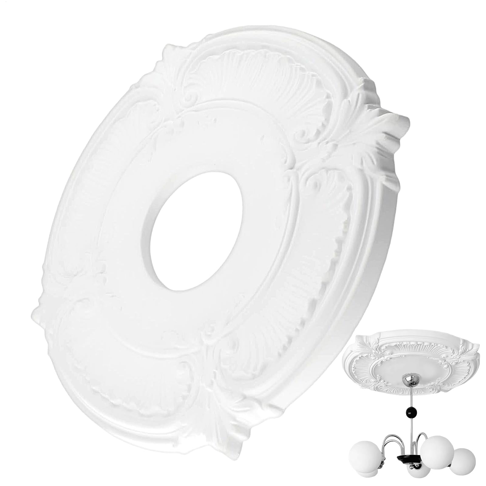 Ceiling Rose Light Fitting PU Ceiling Medallion Decorative Ceilings Cover Plate for Light Fixtures Fan Decoration, 305mm OD X 87mm ID, Split/Monolithic, White