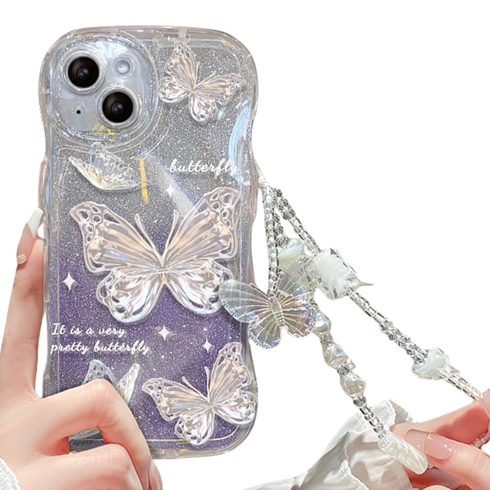 Casechics Compatible with iPhone Case Glitter Gradient Butterfly Bracelet Curly Wave Water Ripple Shape Camera Lens Protection Clear