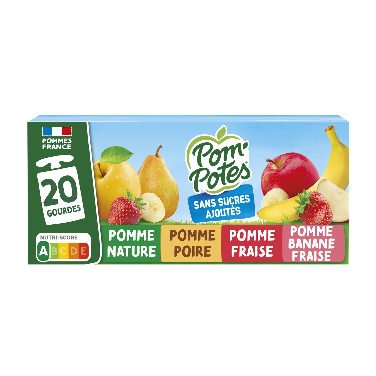 Des goûters savoureux sans sucres ajoutés — POM'POTES Compotes Pomme Poire Fraise Banane Fraise, 20 gourdes de 90g - Lot de 3