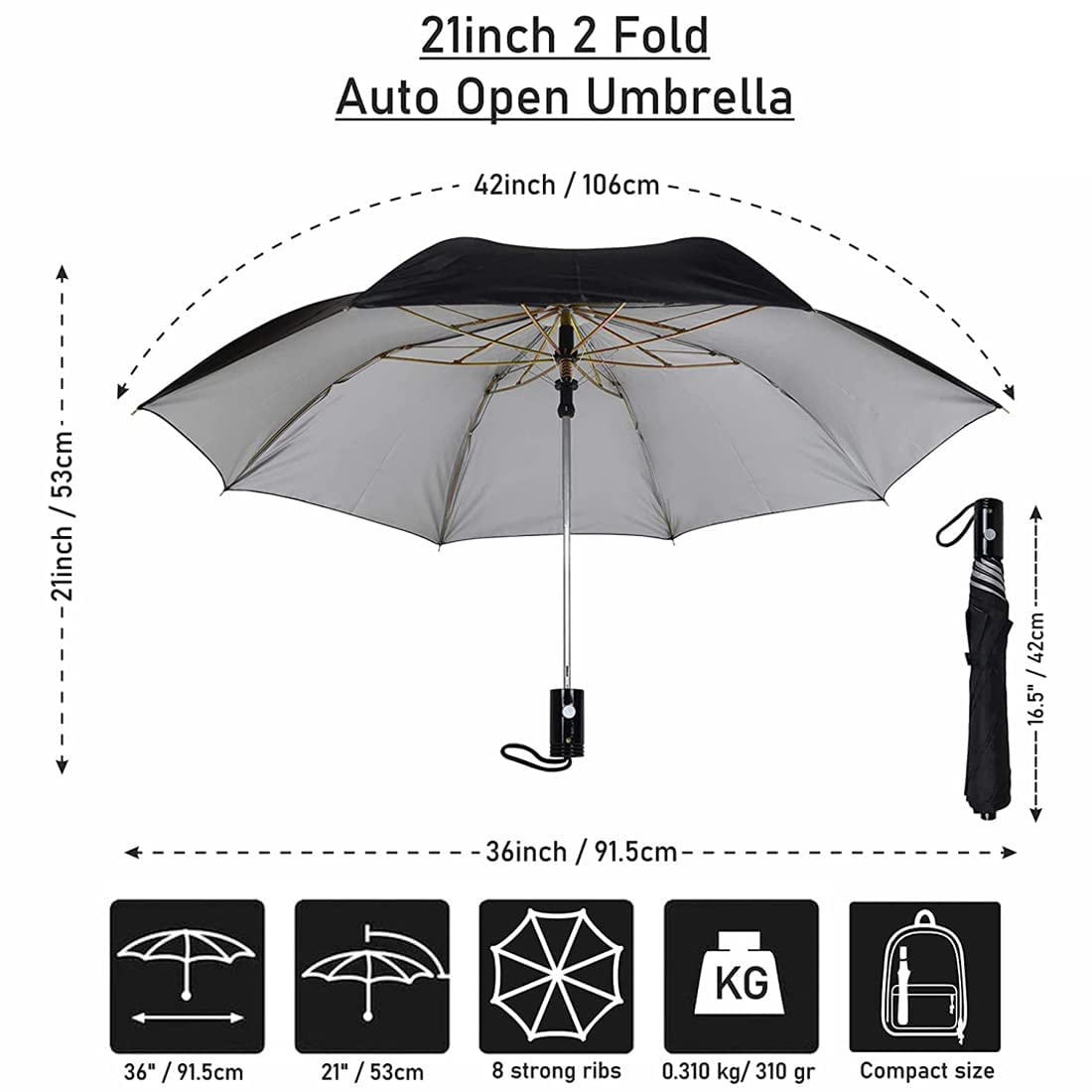 king shine Premium Portable Unisex Travel Umbrella for Rain Windproof, Strong Compact & Easy Auto Open/Close Button for Umbrella (2 Fold Umbrella With Waterproof PVC Sealed Mobile Pouch Cover) 3