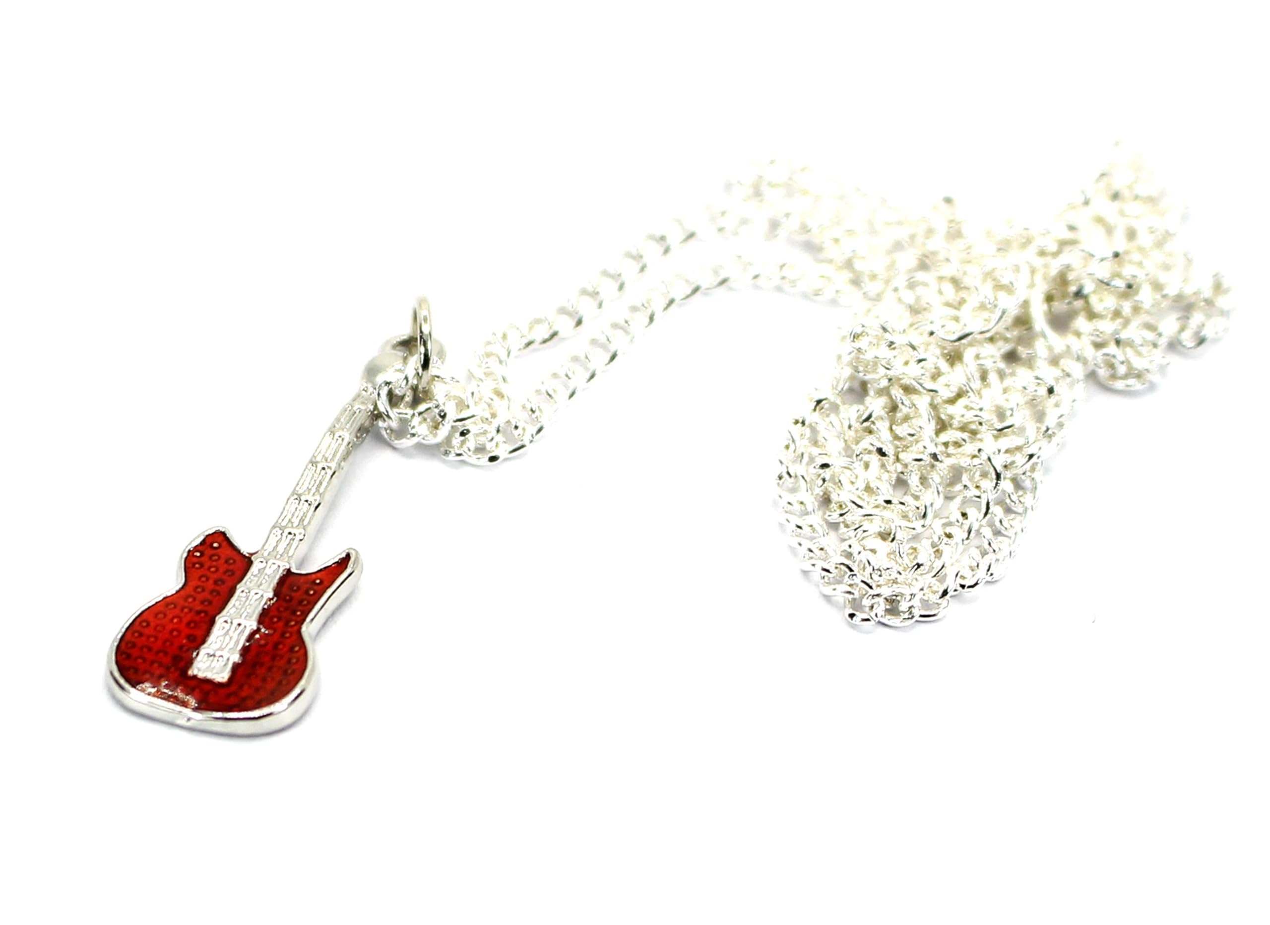 Dainty Electric Guitar Pendant with Red Enamel on a 18 inch Chain Necklace, Music Gift for Her,