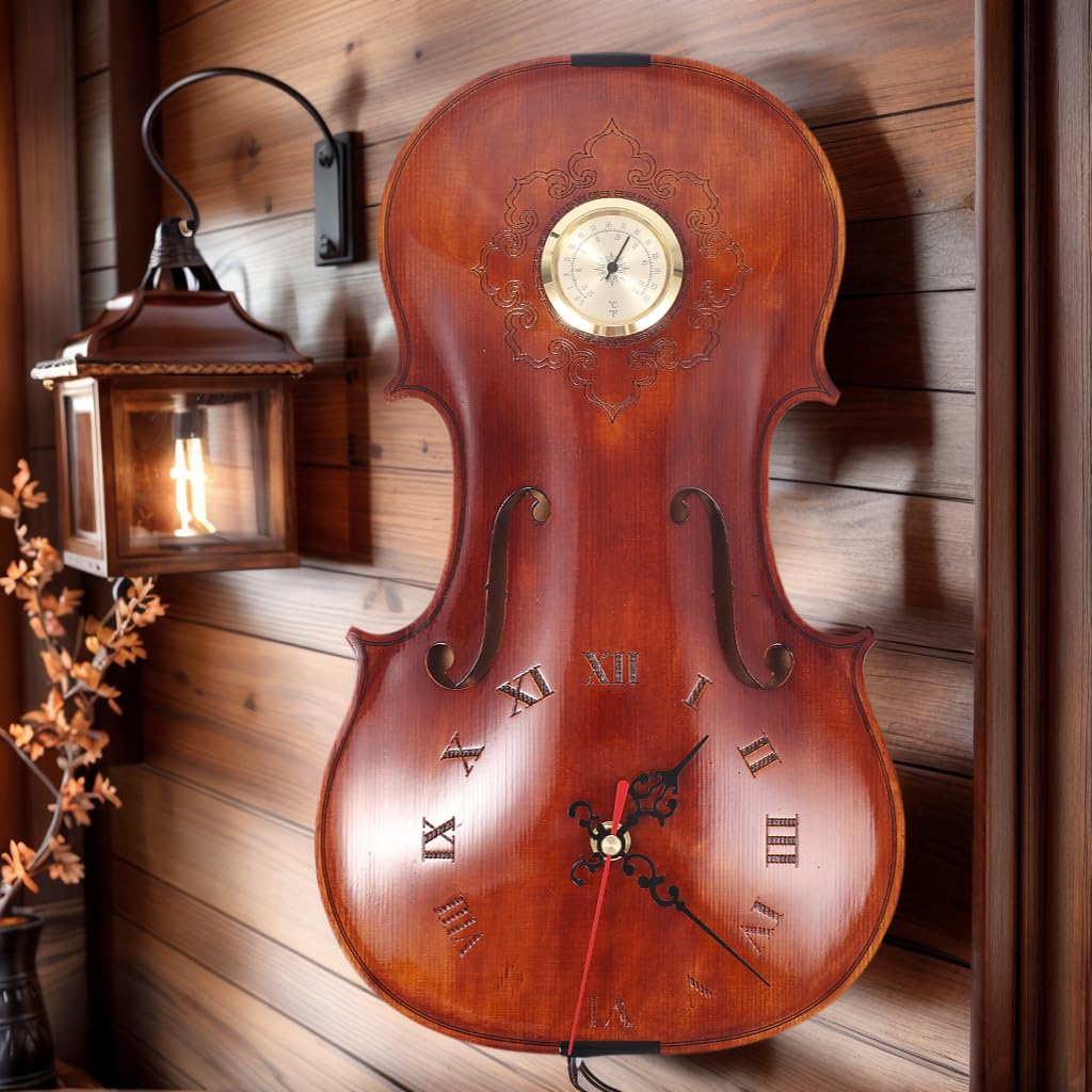 Reloj de pared de violín hecho a mano con termómetro, reloj musical de madera maciza, medidor de temperatura sin mercurio, regalo único para músicos