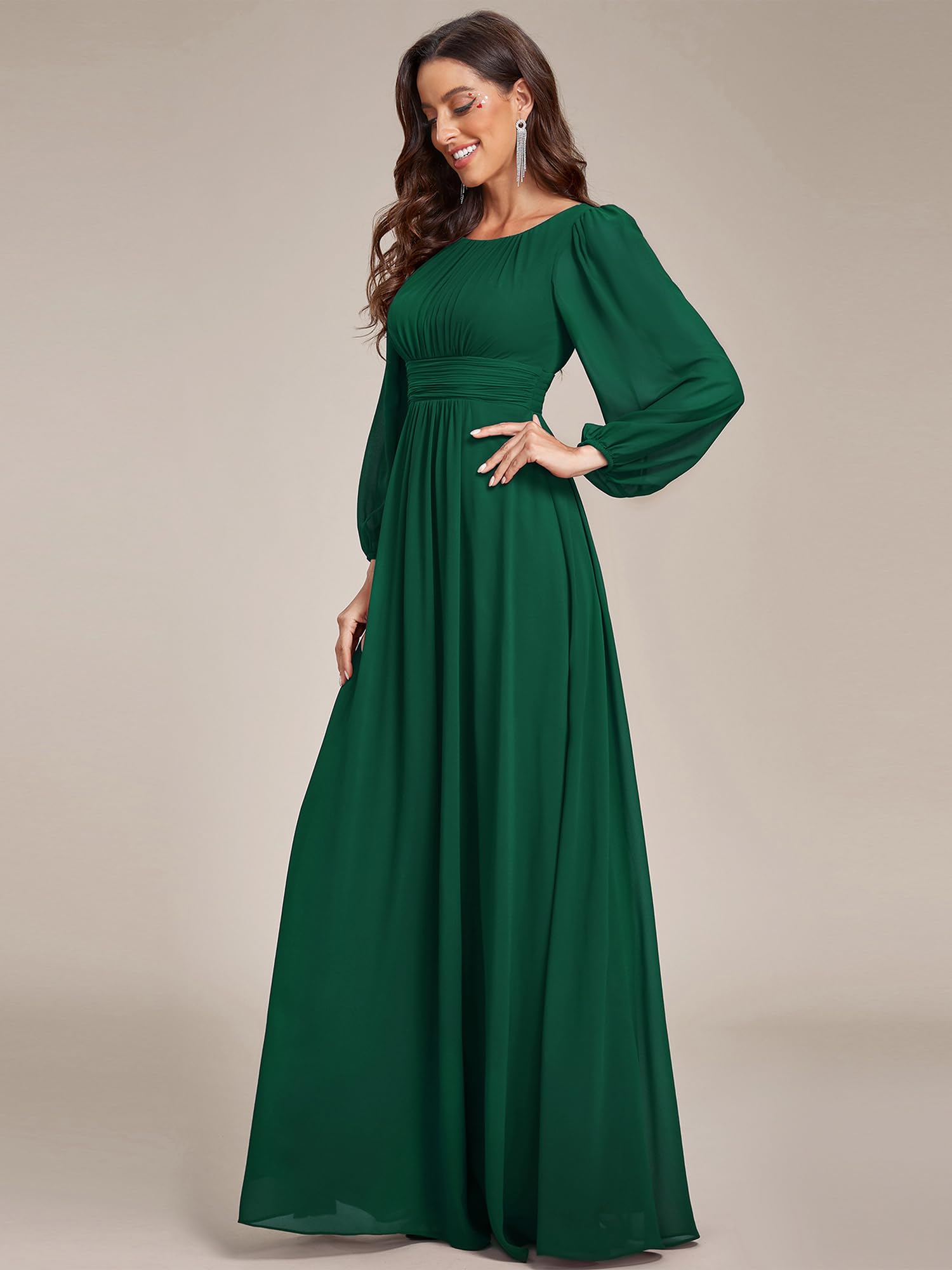 Ever-Pretty Robe Demoiselle d'honneur Femme Longue Manches Longues Col Rond Mousseline Chic Vert Foncé 34