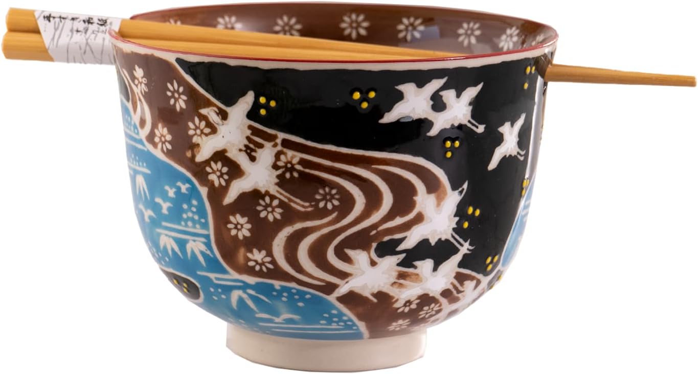 Urban Tokyo Handpainted Ceramic Glazed Japanese Ramen Udon Noodle Rice Bowl With Chopsticks 20 fl oz 5 inch Diameter Bowl Sets Color Box Packaging (Oriental Dragon Red) image 2