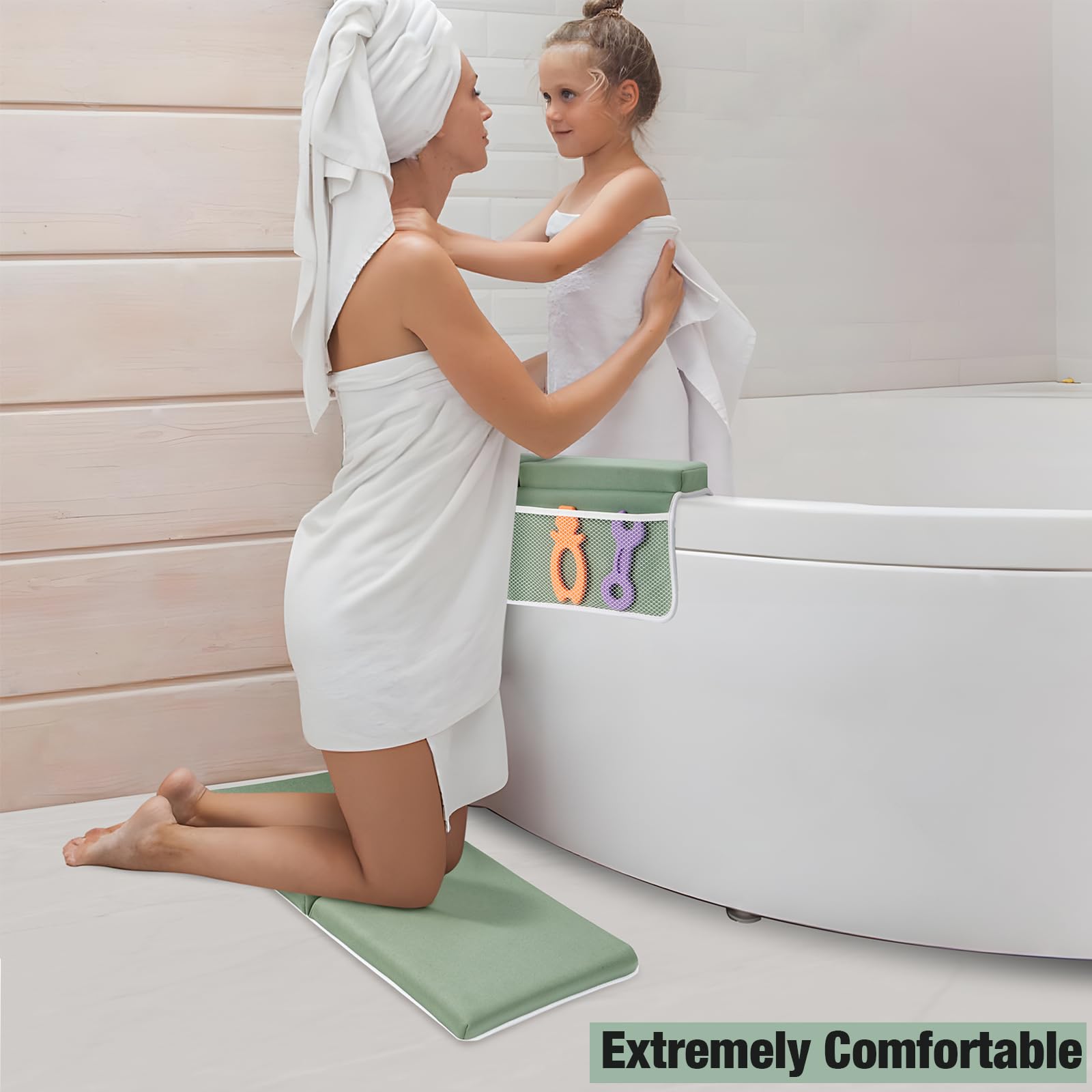 PandaEar Repose-genoux et coudières de bain pour bébé, confortable et antidérapant, avec poches de rangement, tapis en mousse pliable pour salle de bain des tout-petits, vert