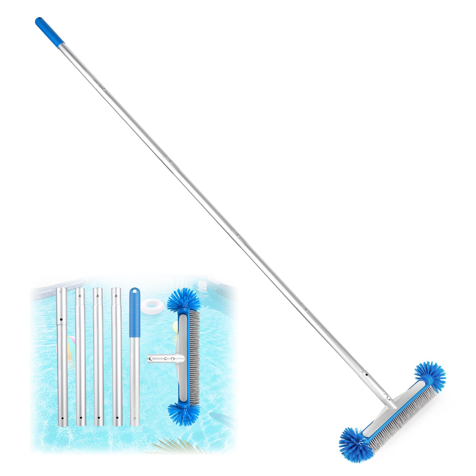 LALAGO Runde Poolbürste, Poolbürste mit Demontage Stange, Pool Reinigungs Bürste mit Halbkugelförmigen Borsten, Bodenbürste für Badezimmer, Bürste Reinigung Breit für Poolwänden, Fliesen und Stufen