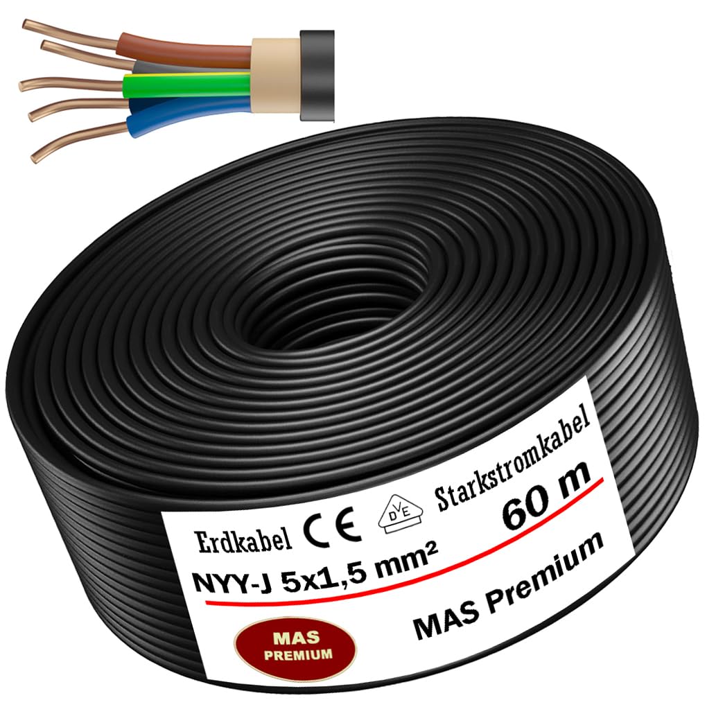 MAS Premium Erdkabel Stromkabel 5-125m NYY-J 5x1,5, 2,5, 4, 6, 10 oder 16 Elektrokabel Ring zur Verlegung im Freien, Erdreich (NYY-J 5x1,5 mm², 60m)
