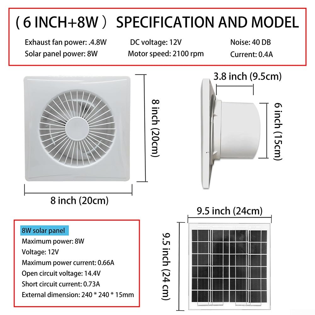 RANRAO Ventilatore di scarico solare per serra, silenzioso, per sala di allevamento, industriale, con valvola di ritegno, per camper, casa degli animali domestici, 12 V, 8 W (ventola da 15,2 cm)