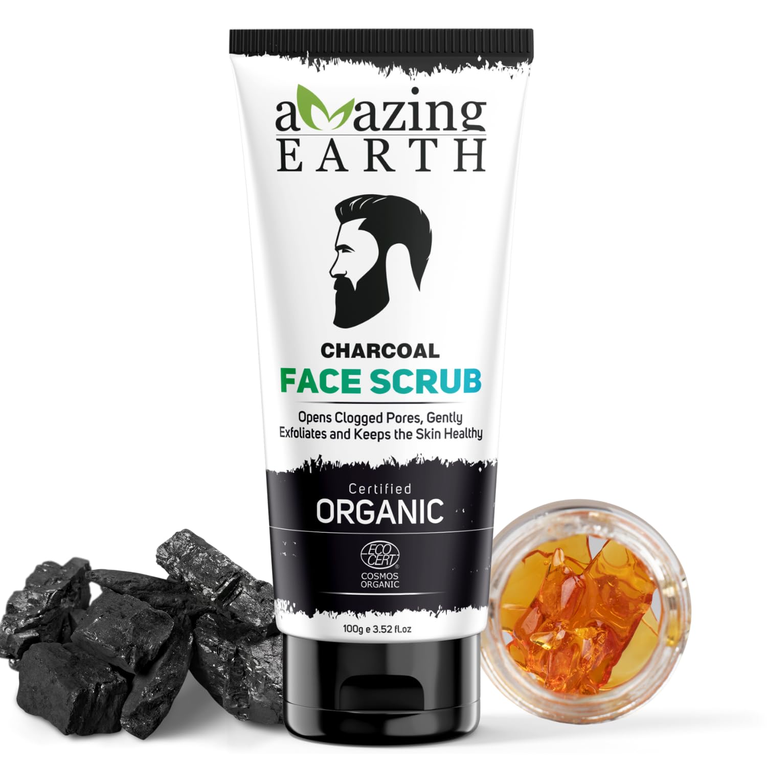 AMAzing EARTH Activated Charcoal Face Scrub for Men - Certified Organic with Neem & Olive Oil, Opens Clogged Pores Blackhead Remover, Oil Control, Silicon & Paraben Free, Cruelty Free & Vegan - 100 gm