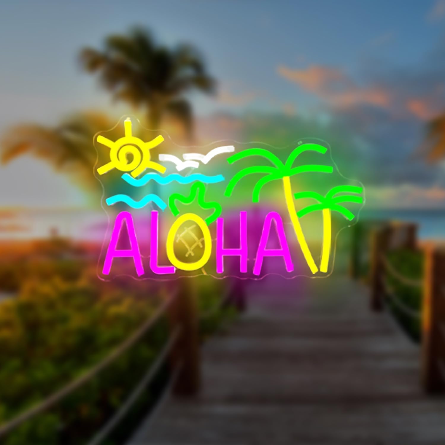Aloha Palm Tree Neon Sign Aloha Sign for Wall Decor Tropical Hawaiian Aloha Led Sign Sun Ocean Wave Coconut Pineapple Luau Party Decorations for Tiki Bar Beach Party Birthday Bedroom Decor