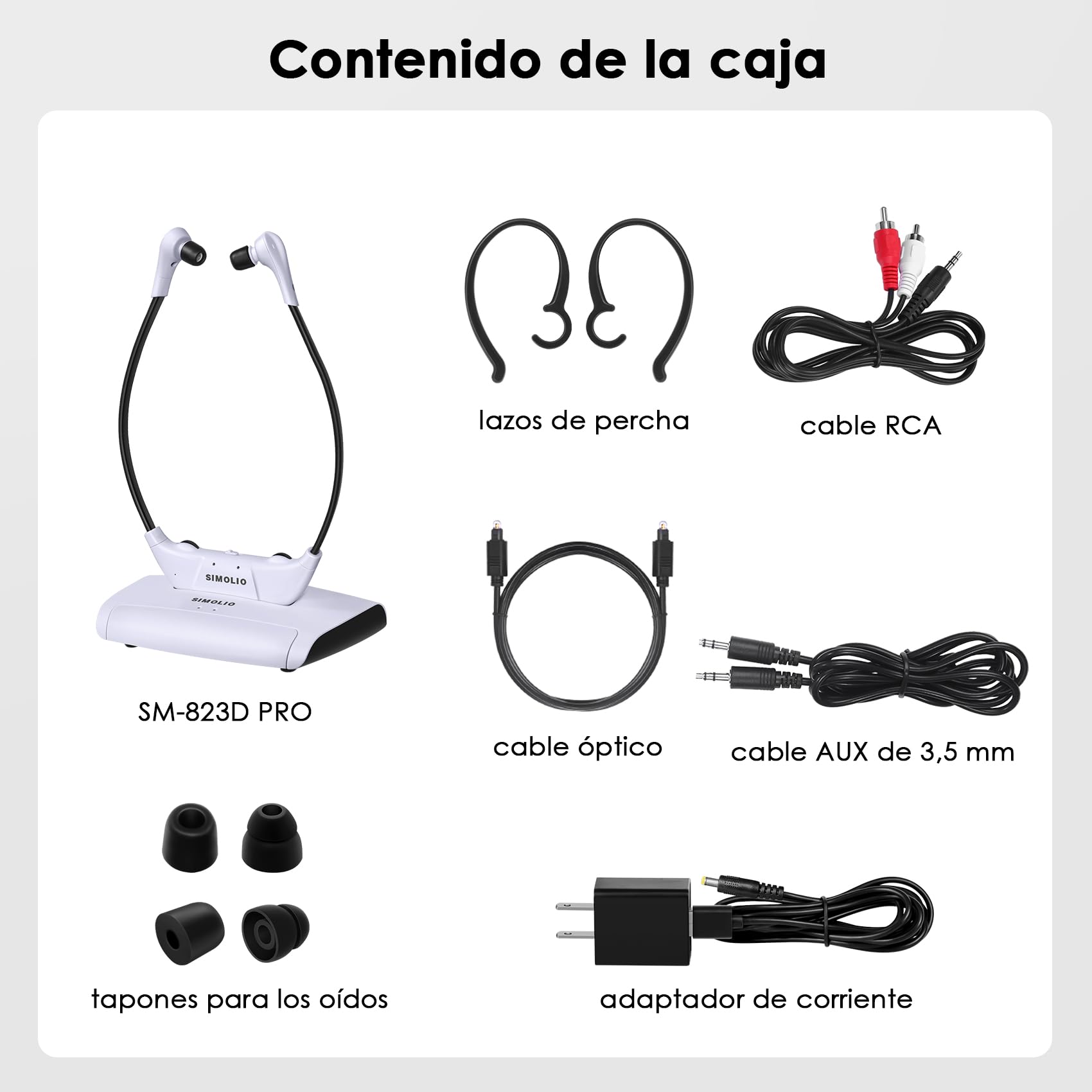 SIMOLIO Auriculares Inalámbricos TV/PC para Mayores con Mejorar la Diálogos, 2.4 G Digitales Cascos para TV con Transmisor, Óptica RCA y 3,5mm AUX, Sin Demora, Plug & Play, Alcance 50m SM-823D Pro