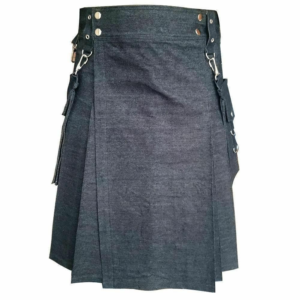 Traditioneller schottischer Universal-Kilt aus schwarzem Denim mit abnehmbaren Taschen, D-Ringen aus Metall, plissiertes Design
