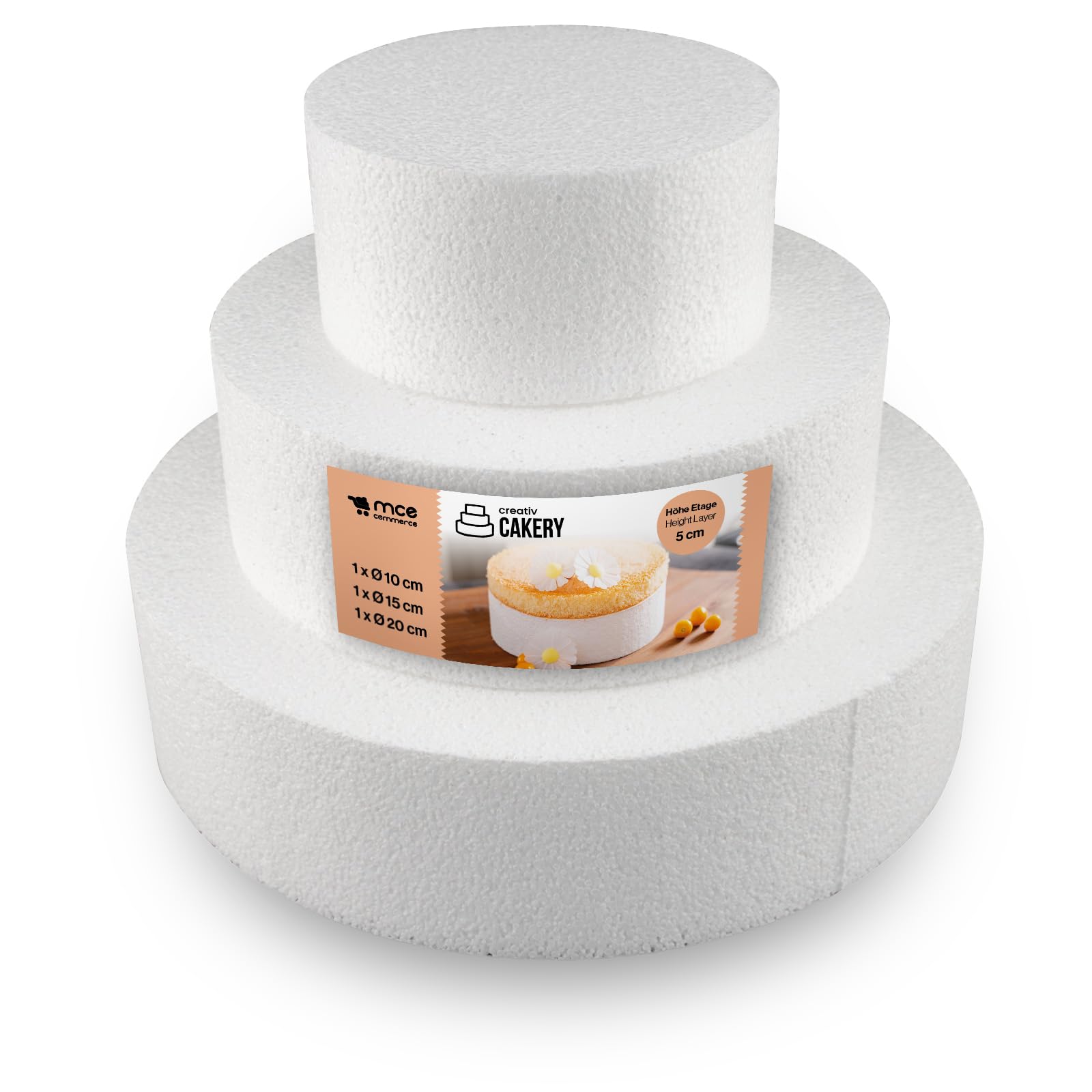 Base Torta Polistirolo A 3 Piani - Altezza 10 Cm Per Livello, Diametri 20-15-10 Cm, Per Decorazioni