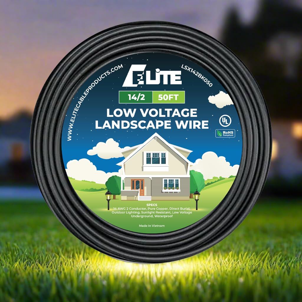 Elite 14/2 Landscape Lighting Wire, Low Voltage, Direct Burial, Outdoor, 50ft, UL Listed, Pure Copper, 14AWG 2 Conductor