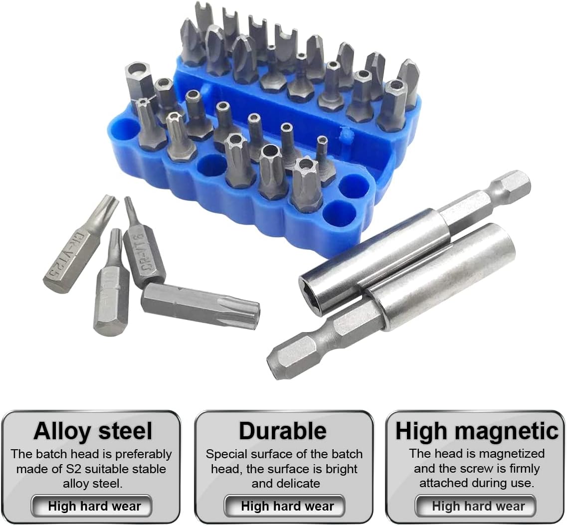 33 Piece Security Bit Set Tamper Proof Security Screw Hex Bit Head Set with Magnetic Extension Bit Holder, 1/4" Metric Screwdriver Kit, Electric Drill Tool Accessories - Blue Box