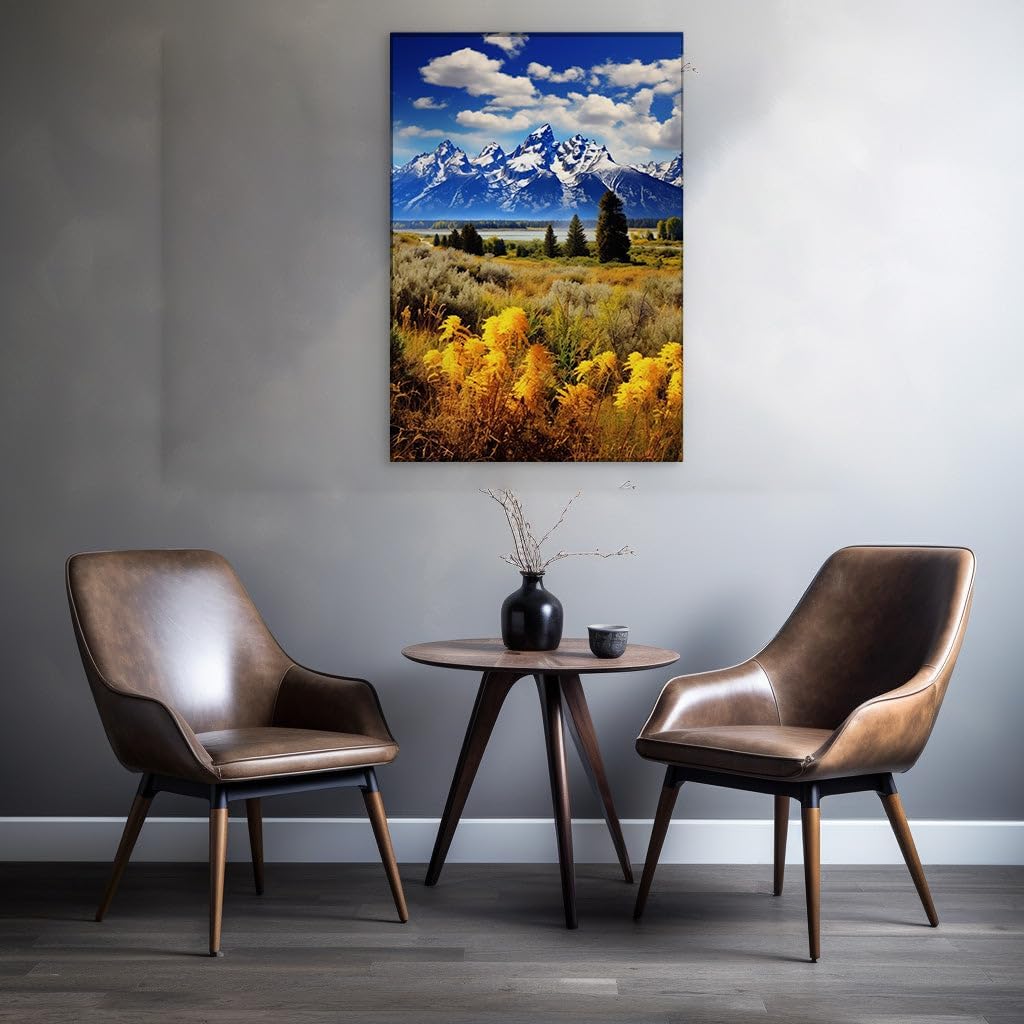 Canvas for Living room. Wyoming's Majestic Grand Teton Range Rises Above a Sea of Yellow Flowers, 27 x 18 inch Canvas Wall Art - Botanical Home Decor - 69x46 cm (27x18 inch)
