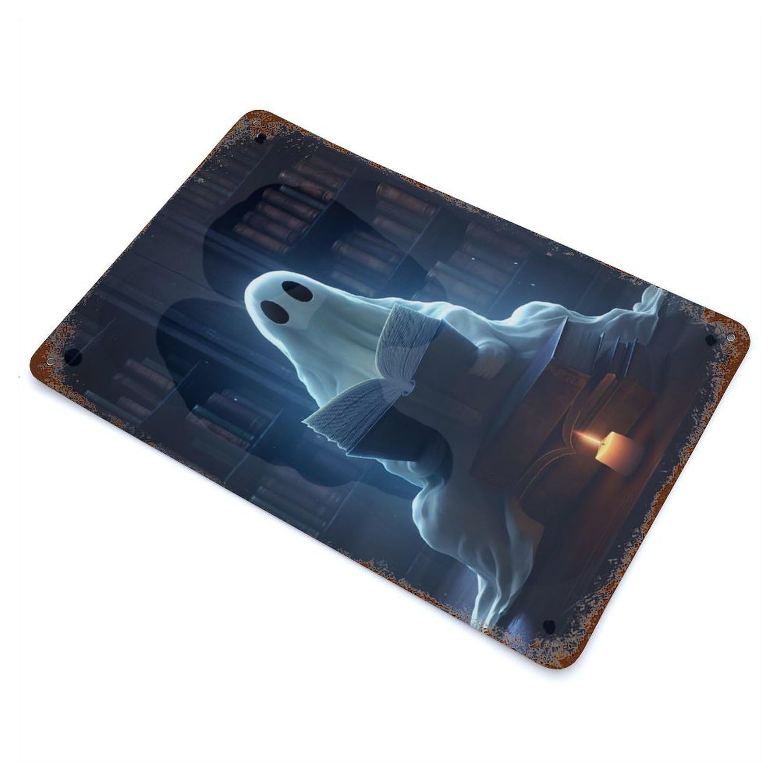 Ghost in The Library 11.8"x7.9" Vintage Rust Metal Sign, Decorative Metal Wall Art for Farmhouse, Kitchen And Entryway Decor