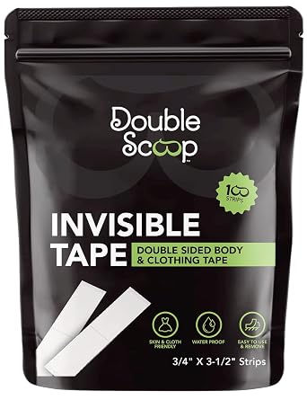 Double Scoop Double-Sided Clear Body Tape Strips for Fashion 100-Count, Skin-Friendly for Clothing + Shirt + Bra, Invisible Adhesive Fabric Tape, Two-Sided Lingerie Tape for Breasts