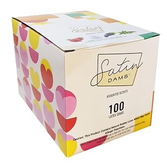 Satin Dams Box of 100 Assorted Latex Oral Dams | Grape, Strawberry, Vanilla and Spearmint Scented Dental Dams | Bulk Hermetically Sealed Dams