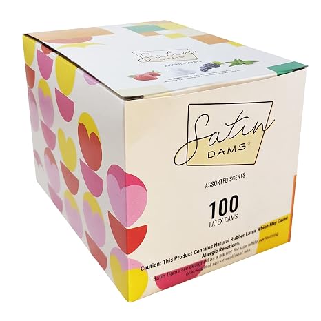 Satin Dams Box of 100 Assorted Latex Oral Dams | Grape, Strawberry, Vanilla and Spearmint Scented Dental Dams | Bulk Hermetically Sealed Dams