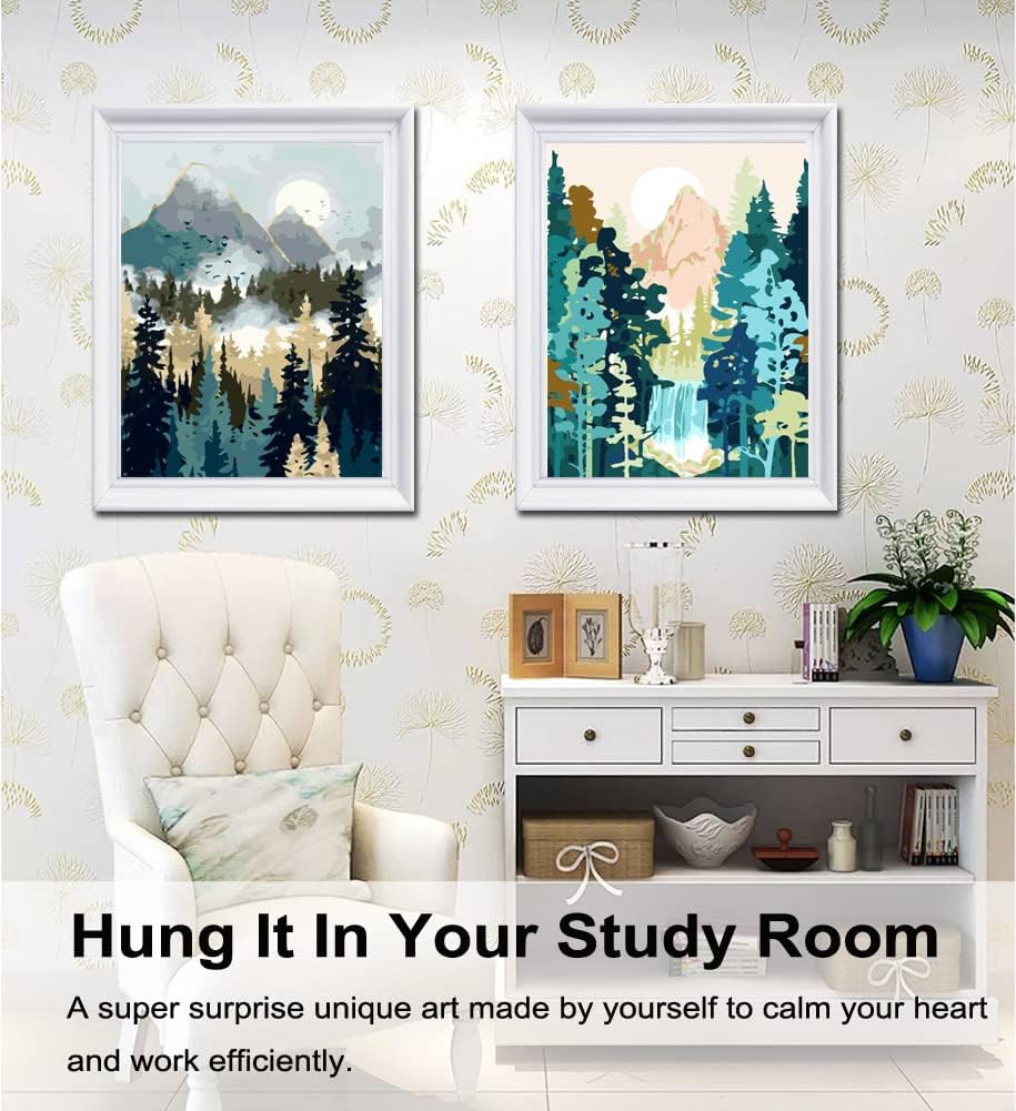 BAISITE 4 Pack Paint by Numbers Kit for Adults Beginners,12" Wx16 L Canvas Pictures Drawing Paintwork with 16 Pcs Wooden Paintbrushes,Acrylic Pigment in Gift Box,Mountains and Sun