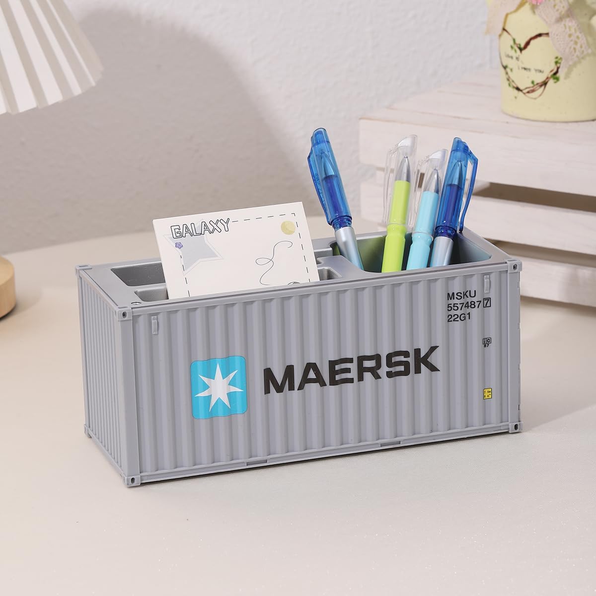 Desk Organizer Office Supplies Multi-function Shipping Container Storage Box Pen/Pencil,Business Name Cards Remote Control Holder Gray, Pen and Pencil Shipping Container Style Holders