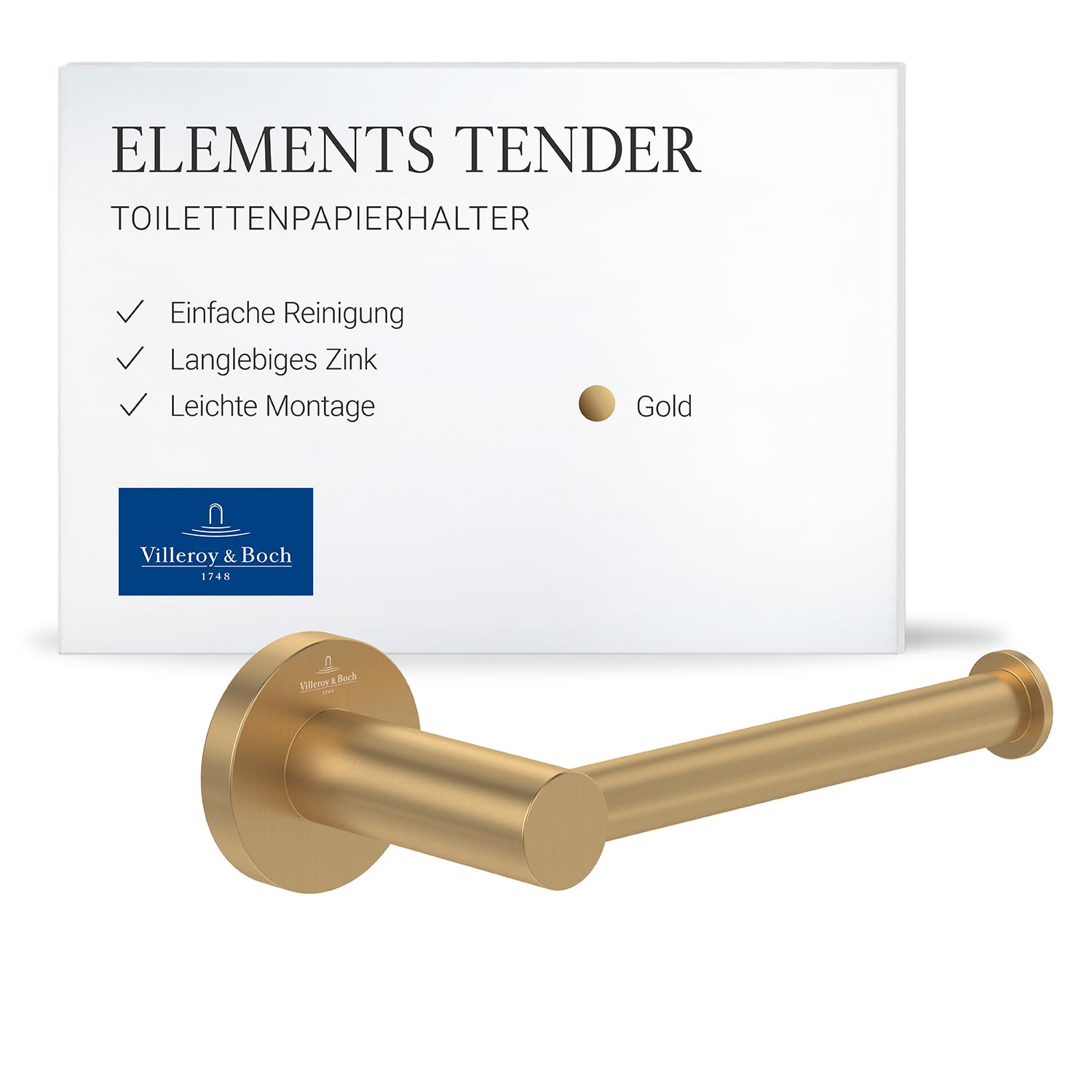 Villeroy & Boch Elements Tender Toilettenpapierhalter, rund – Gold | Ohne Deckel, zur einfachen Wandmontage, aus Zink, TVA15101400076