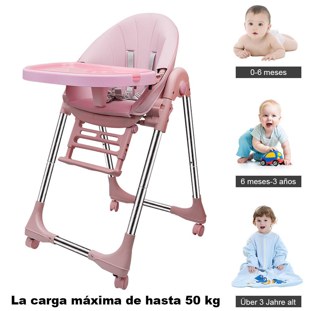 Trona para Bebe Evolutiva, Trona para bebés Plegable con bandeja extraíble, Tronas bebe Ajustable 5 Alturas, 4 ruedas, Rosa