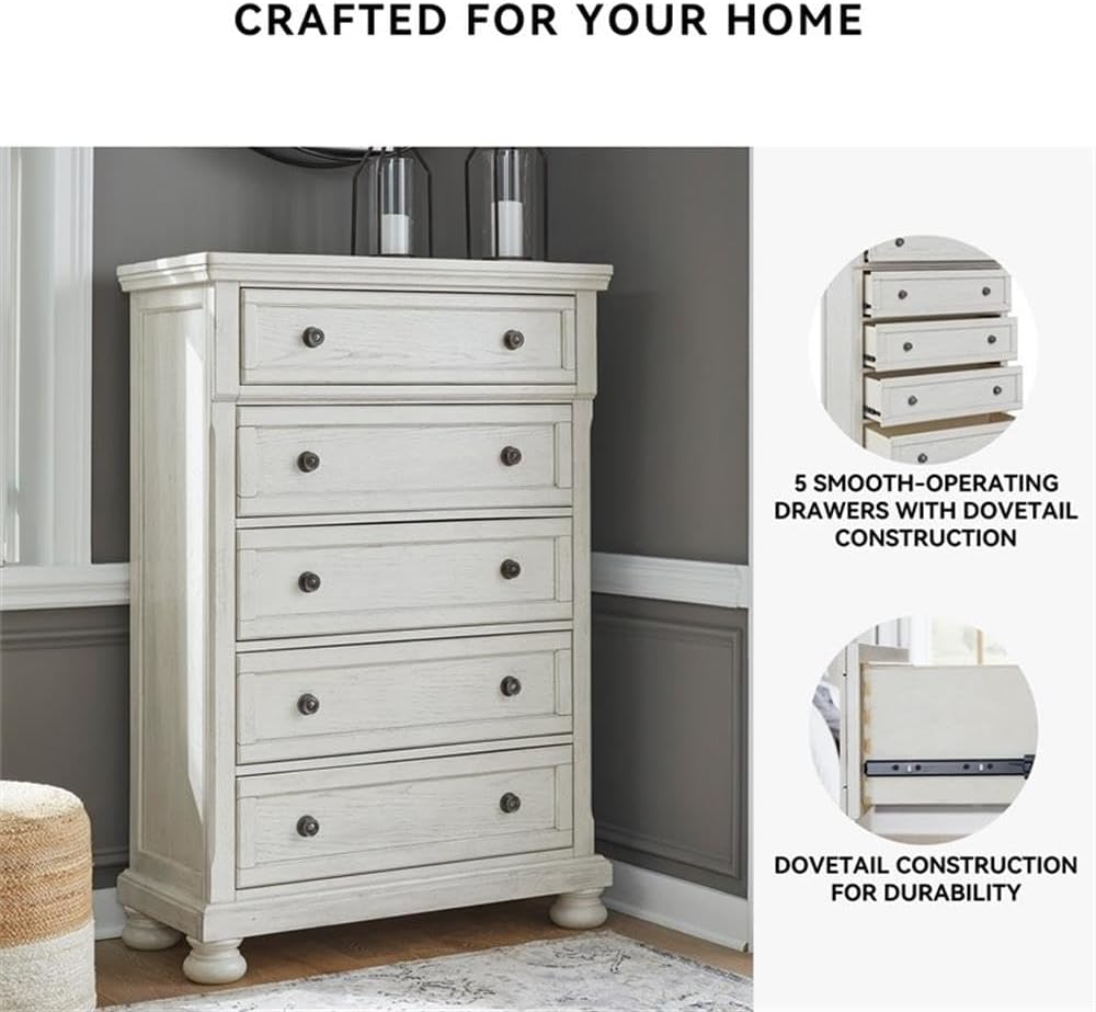 Pemberly Row Traditional Wood Chest, 5-Drawer Design, Antiqued White Finish, Solid Wood Oak Veneer, Bronze-Tone Knobs, Felt-Lined Top Drawer, 58.5" H x 39.5" W x 18" D Bedroom Storage Furniture