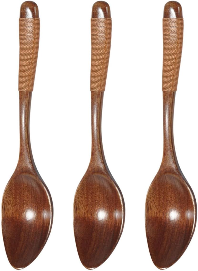 SHINEOFI 3Pcs Multipurpose Wooden Spoons Set, Wide Mouth Brown Rattan Wrapped Nanmu Wood, Long Handle Soup and Stirring Eating Spoons for Home and Restaurant Use