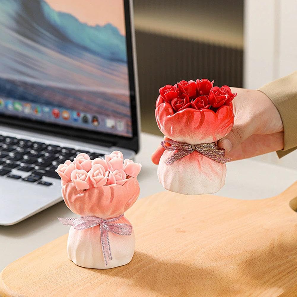 Juego de tenedores de frutas, 12 tenedores de postre de acero inoxidable en forma de rosa con elegante jarrón de almacenamiento de cerámica, tenedores novedosos para cocina, fiesta, comedor
