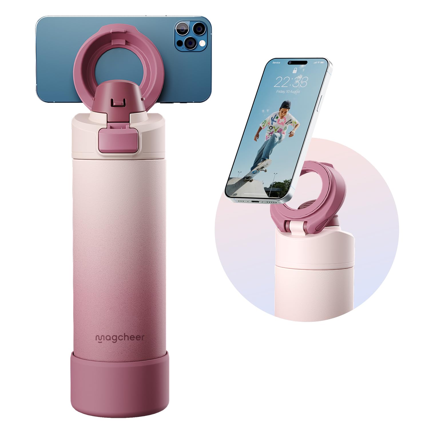 magcheer 750ml Magnetic Water Bottle with Phone Holder Compatible with MagSafe Insulated Gym Cold Drink Bottle for 24 Hours Tripod Bottle for Travel & Fitness Selfie(Blush Pink) โ image 1