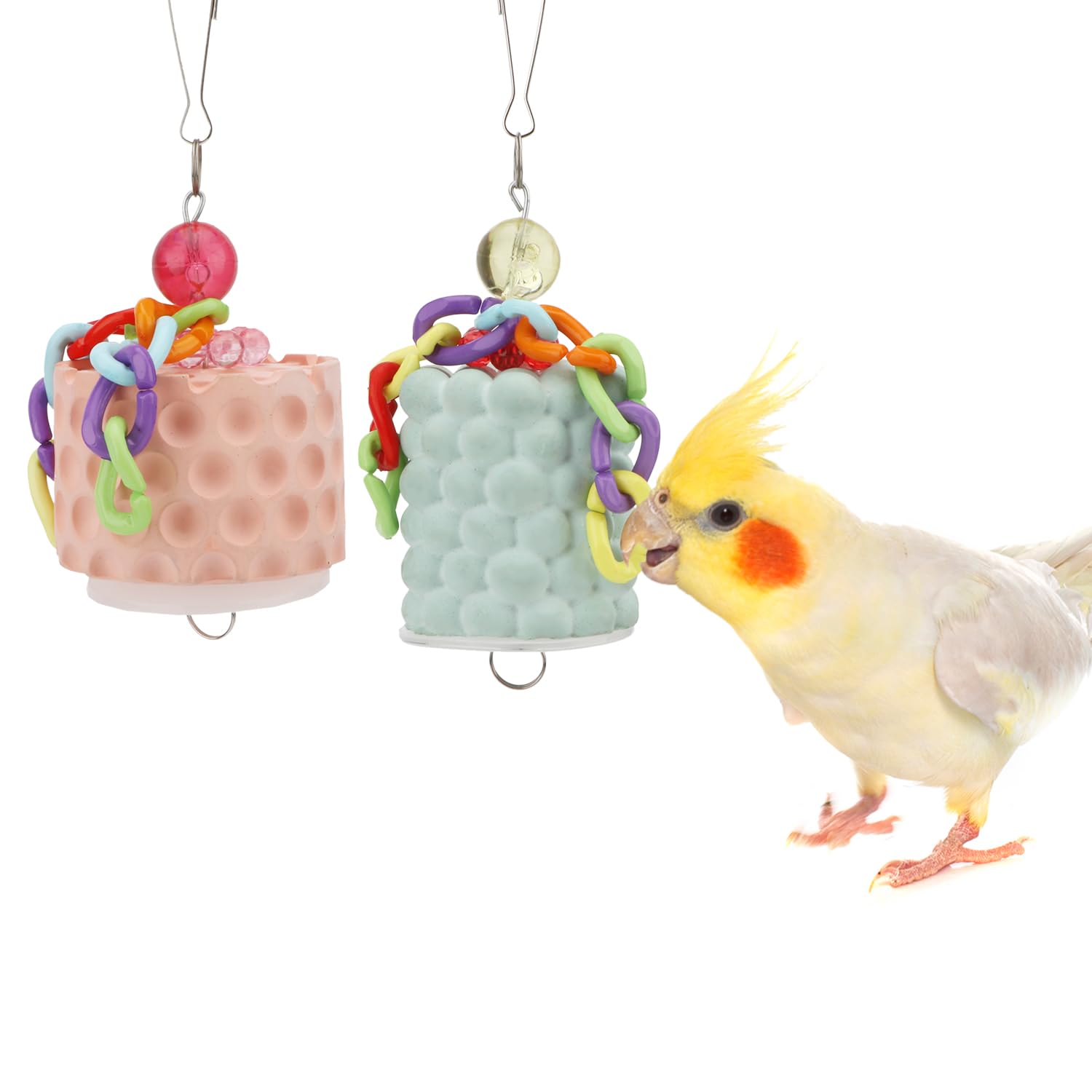 WonteeBird Toys Bird Chew Toys Parrot Beak Grinding Calcium Parakeet Treats for Budgies Cockatiels Conures Quaker Senegal Parrot, 2PCS (Orange+Green)