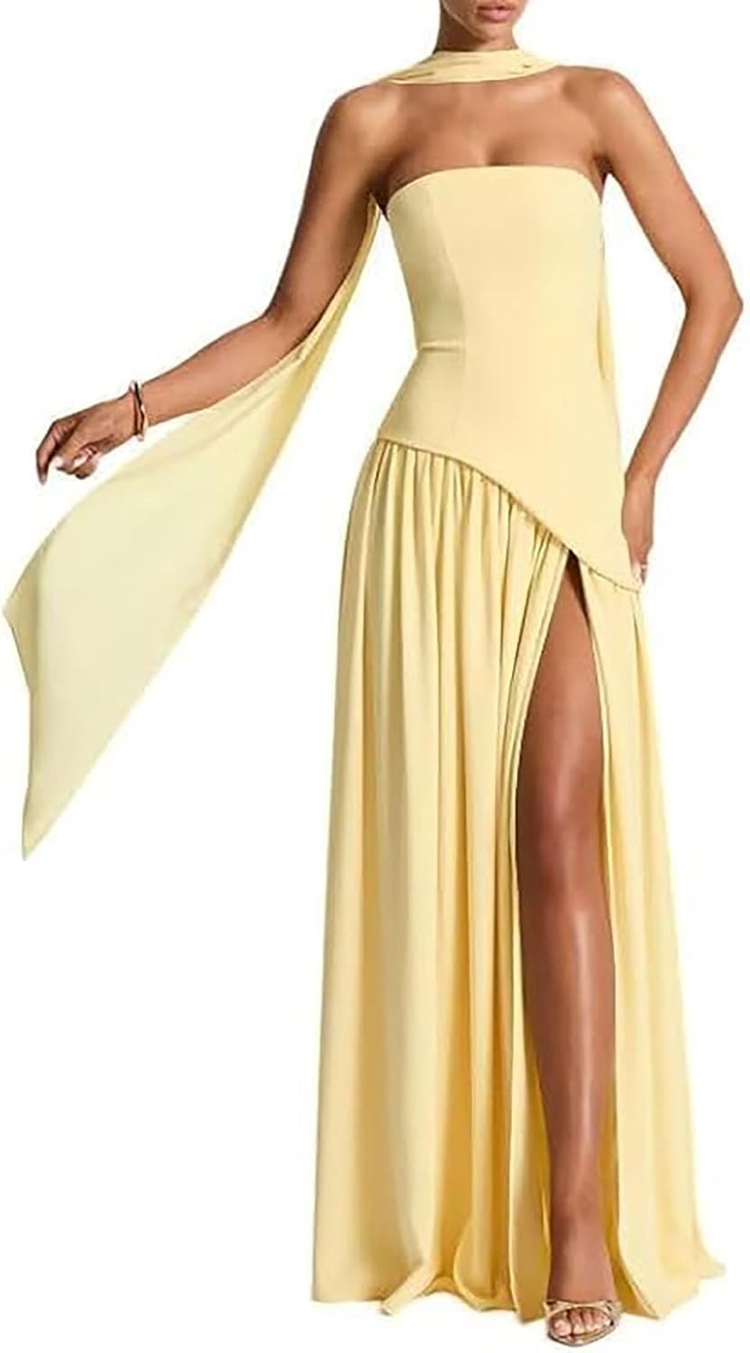 Women Strapless Corset Asymmetrical High Split Flowy Maxi Dresses Evening Gown Wedding Guest Dress with Scarf - Image 5