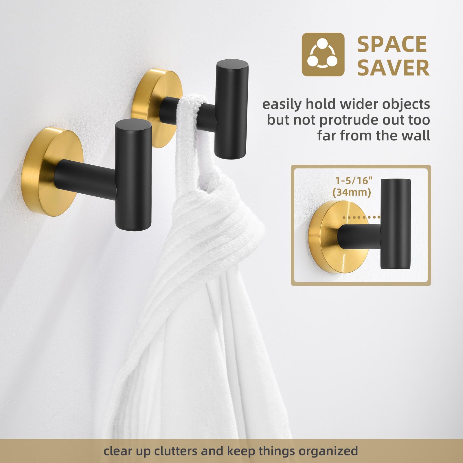 Angle Simple Gancho de toalla negro y dorado, 2 piezas, soporte de bata de baño de acero inoxidable, colgador redondo para toallas de mano, montado en la pared