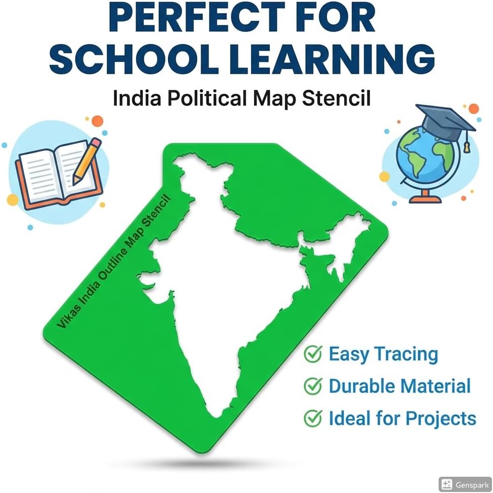 Vikas India Map Stencil for Students | Indian Map Outline Drawing Tool for Class Projects & Exams | Clear Borders for Neat Tracing | Ideal for CBSE ICSE School Use (Green, Yellow, Pink) (3)