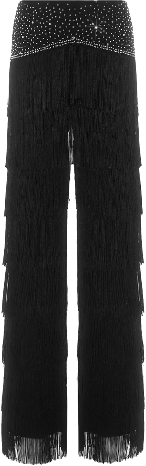 Yhong Women Elastic Waist Latin Salsa Practice Performance Trousers Layered Tassel Professional Dance Pants