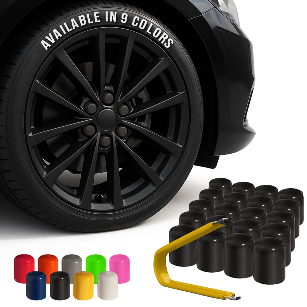 ColorLugs Vinyl Lug Nut Cover | Black | Flexible Fit Wheel Lug Nut Cap | Fits 21-23 mm | Pack of 25 | Includes Deluxe Extractor | Made in The USA