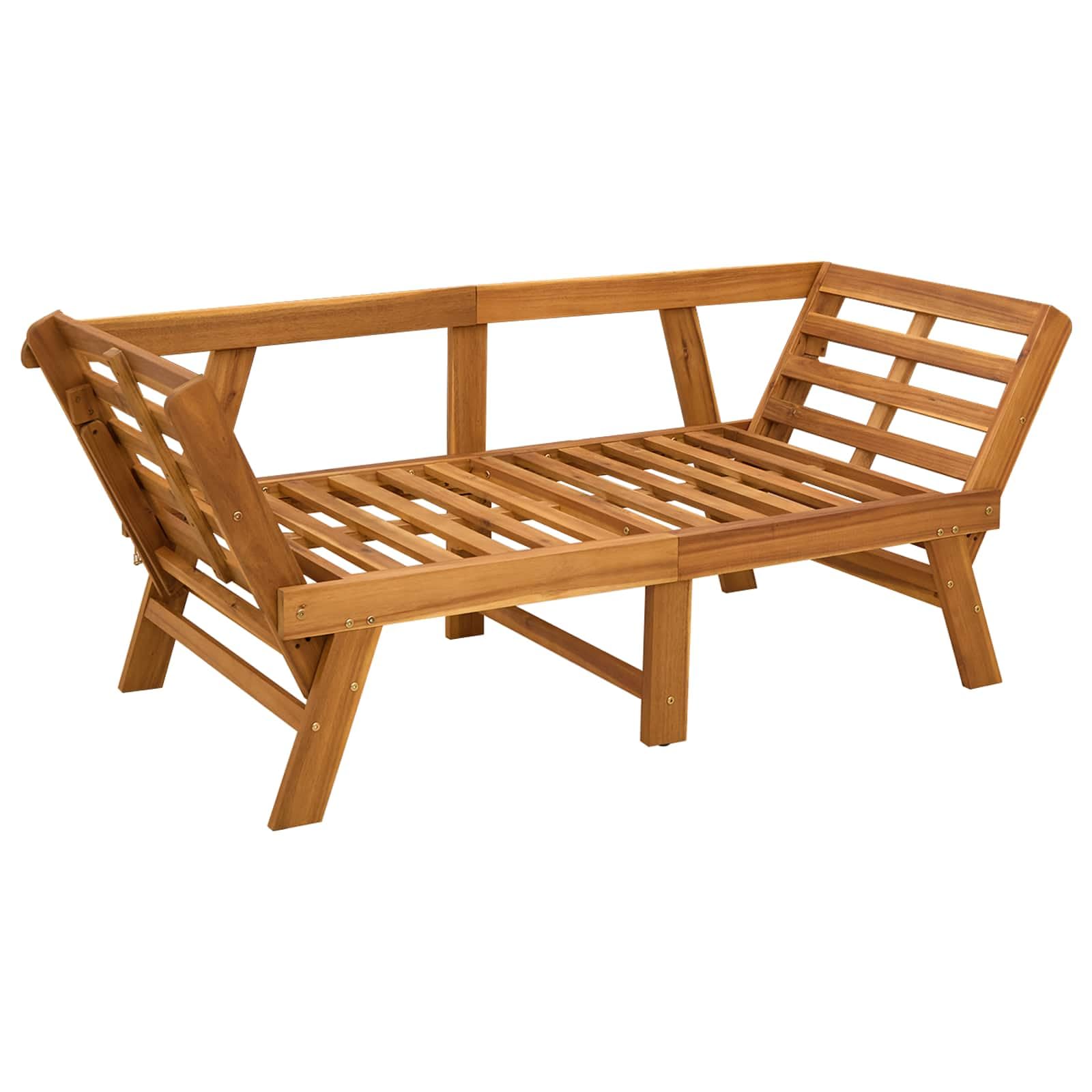 Panca da giardino 3 in 1 in legno di acacia massiccio con cuscino beige, resistente alle intemperie, pieghevole, per terrazza, balcone, giardino anteriore, come panca e lettino per