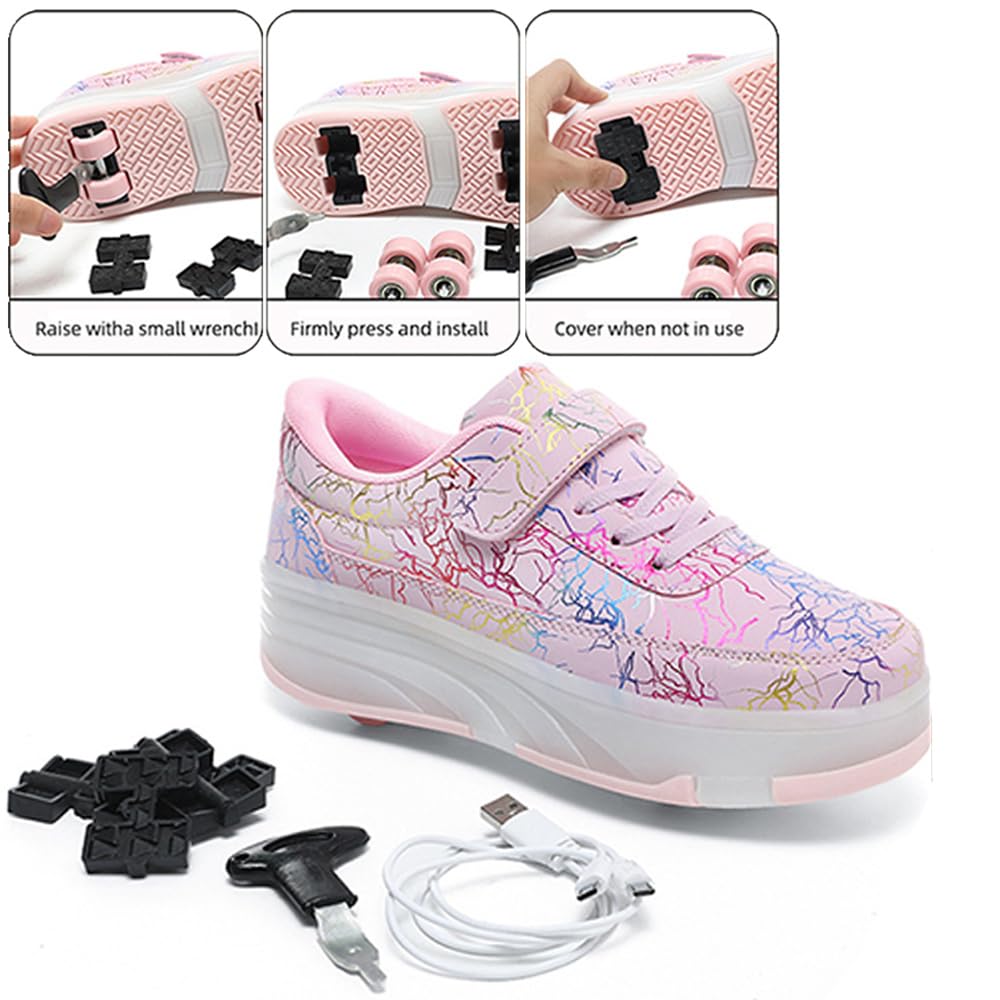 Mateju Zapatos con Ruedas para Niños y Niñas, Patines Brillantes con 4 Ruedas Retirable, Moda Zapatillas de Skateboarding 2 en 1 Zapatillas Deportivas al Aire Libre