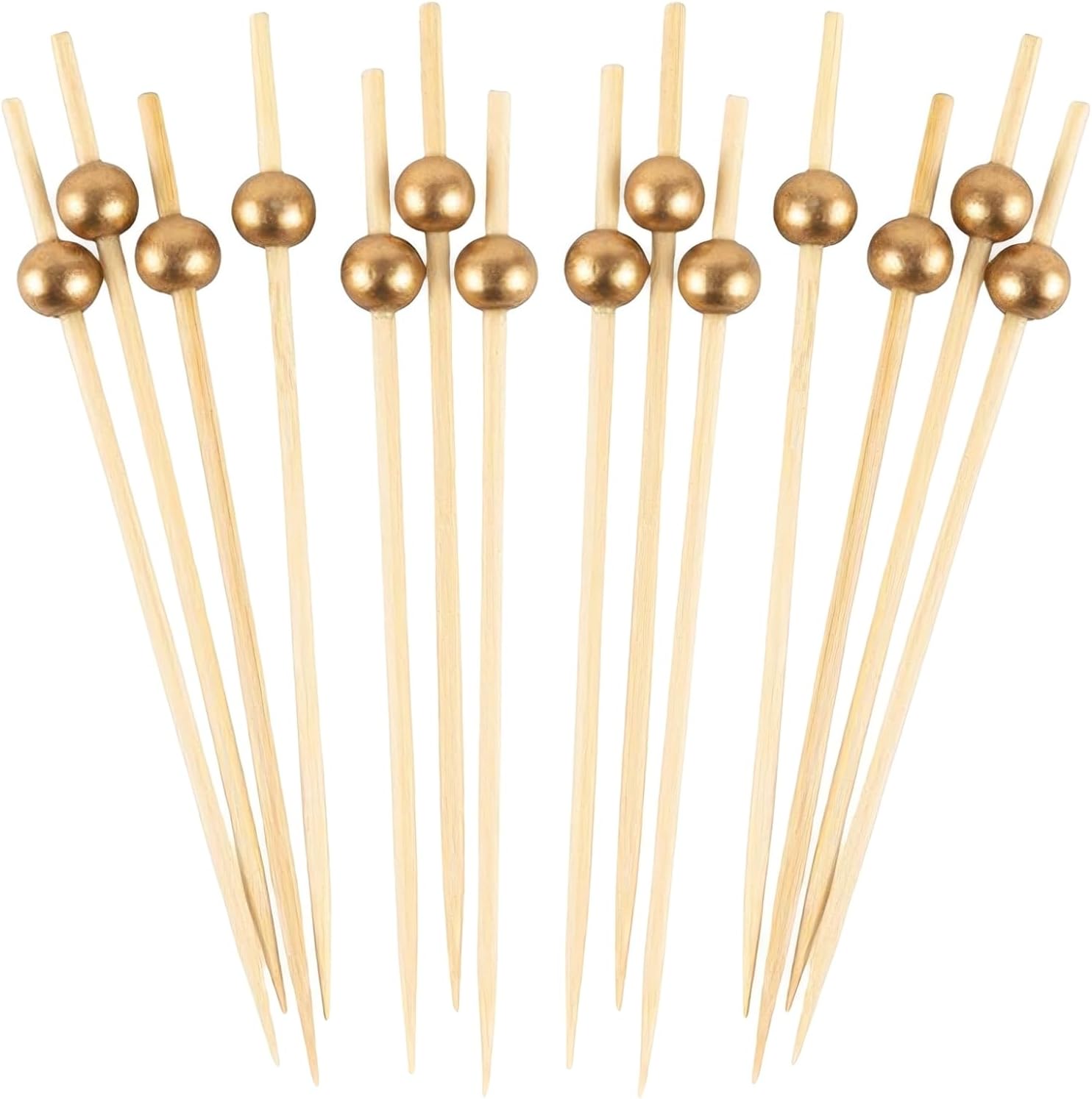 Eco-friendly Gold Wooden Ball Food Picks (Pack of 100) - Sustainable Skewers And Bamboo Picks for Charcuterie, Appetizers, & Cocktail Picks For Parties, Casual Dining & More, 4.7"