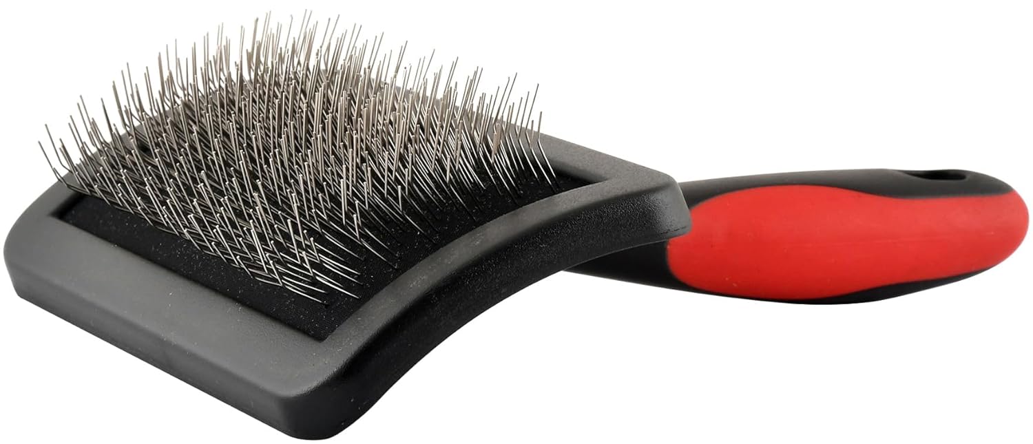 Jeffers Pet Soft Pin Universal Slicker Brush for Dogs & Cats – Soft, Flexible Bristles for Sensitive Skin, Curved Head for Better Coat Penetration, Non-Slip Grip – Black, Red – Medium