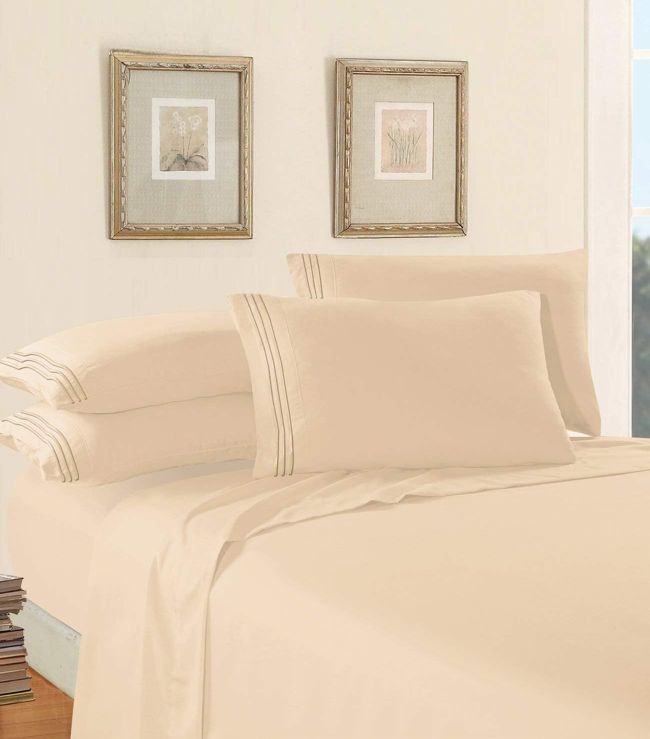 Elegant Comfort Luxury Bed Sheet Set on Amazon Three-Line Design 1500 Premier Hotel Quality Wrinkle and Fade Resistant 4-Piece Bed Sheet Set, Deep Pocket, King, Cream