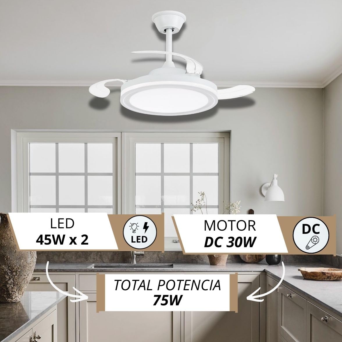 NARVI Ventilador de Techo Silencioso | Control Remoto | 3 Palas Transparentes | Iluminación LED Ajustable 45W | Motor DC Eficiente | Función Invierno/Verano | Blanco