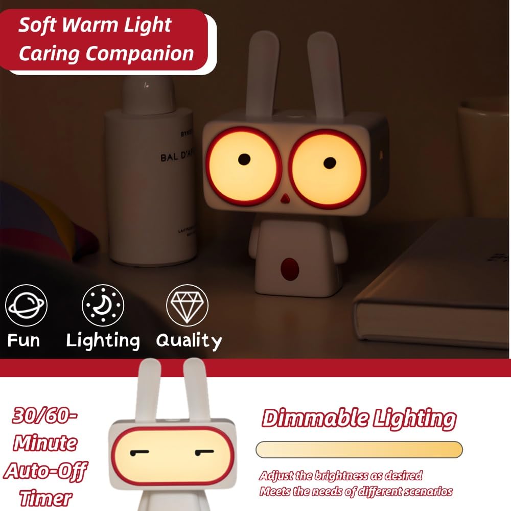 Veilleuse en forme de lapin mignon avec de grands yeux, éclairage doux, rechargeable 1200 mAh, arrêt minuté, parfaite pour chambre d'enfant ou bureau, pour vos proches