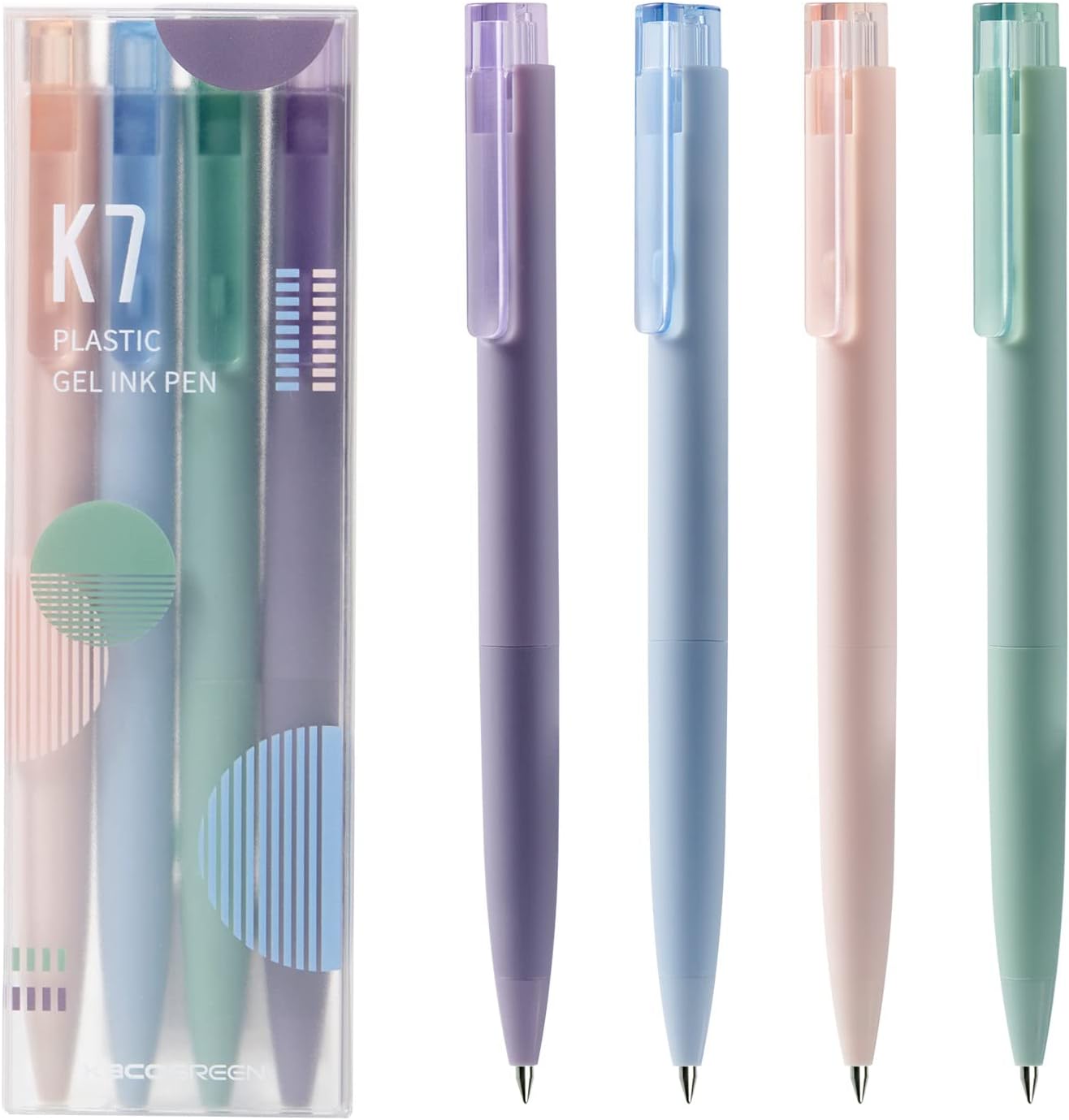 Kaco K7 Retractable Gel Ink Pens Set 4 Pieces All Black Ink, 0.5mm Fine Point Vibrant Colors Barrels, Office School Supplies