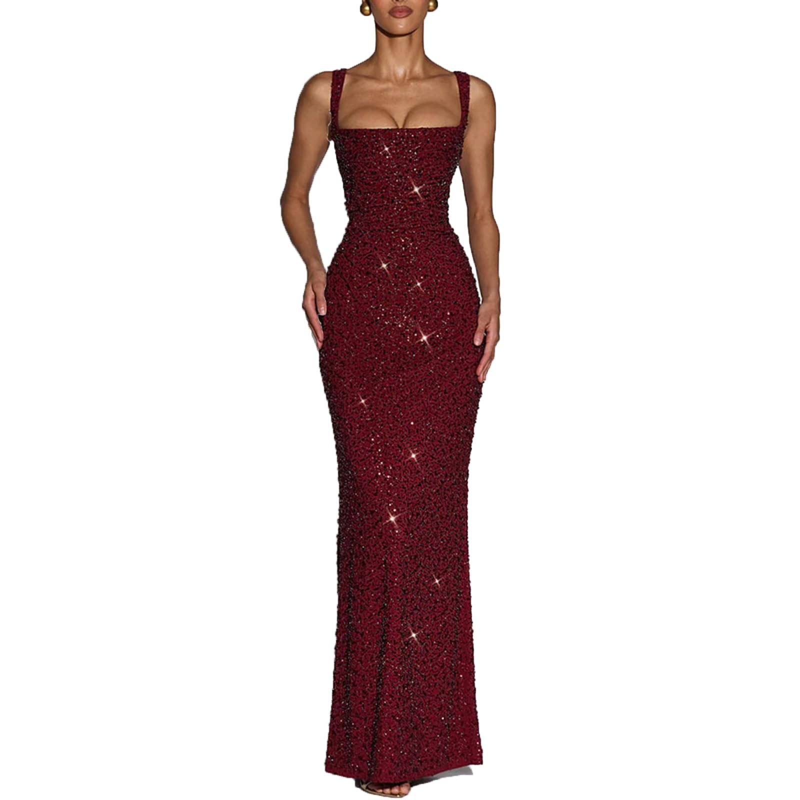 Vestido de Lentejuelas con Lazo En La Espalda, Escote Cuadrado, Tirantes Anchos, Brillante, Corte Ajustado, Ideal Para Ocasiones Formales y Fiestas Nocturnas