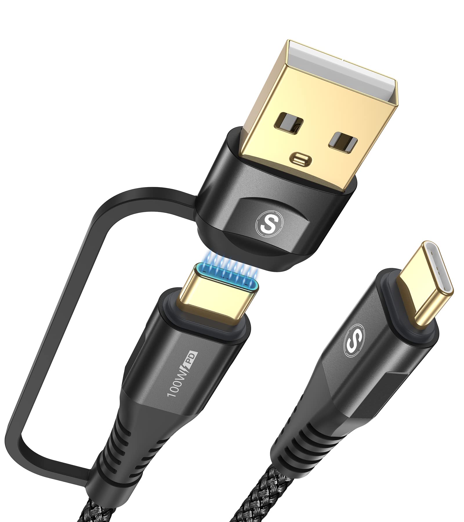 sweguard 100W USB C to USB C Cable 10ft 2-in-1 USB-A/C to USB-C Fast Charger Cord - Black