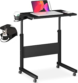 Klvied Adjustable Height Standing Desk - Portable Laptop Workstation with Wheels, Mug Holder & Tablet Slot, Black (27.9-37.2")