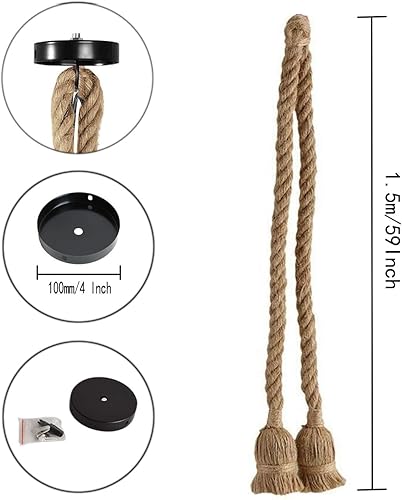 Miniatura 2 de CTKcom 2 cabezales vintage (1.5+4.9 ft) lámpara colgante de cuerda de cáñamo E26E27, luz colgante de cuerda de cáñamo retro, lámpara de techo